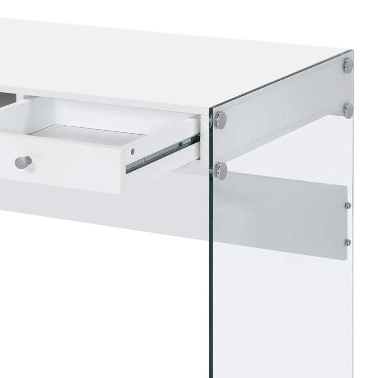 Contemporary Glossy White Home Office Desk with Tempered Glass Supports