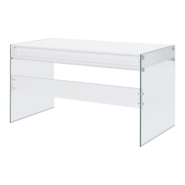 Contemporary Glossy White Home Office Desk with Tempered Glass Supports