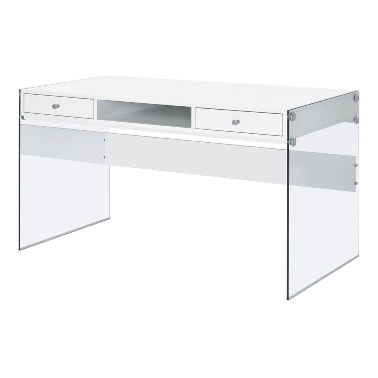 Contemporary Glossy White Home Office Desk with Tempered Glass Supports