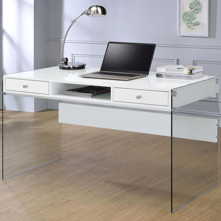 Contemporary Glossy White Home Office Desk with Tempered Glass Supports