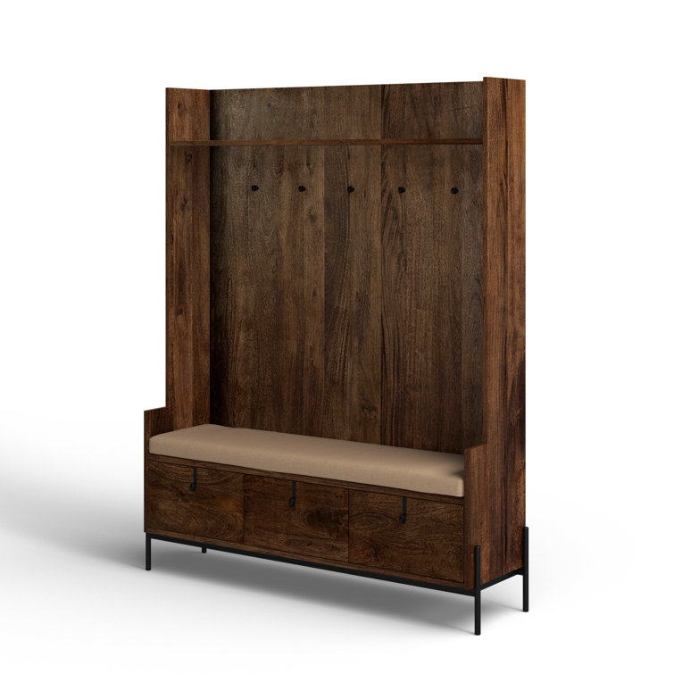 Glenn V Dark Brown Mango Wood Hall Tree with Storage and Cream Fabric Seat