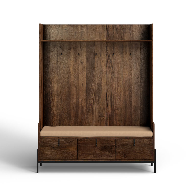 Glenn V Dark Brown Mango Wood Hall Tree with Storage and Cream Fabric Seat