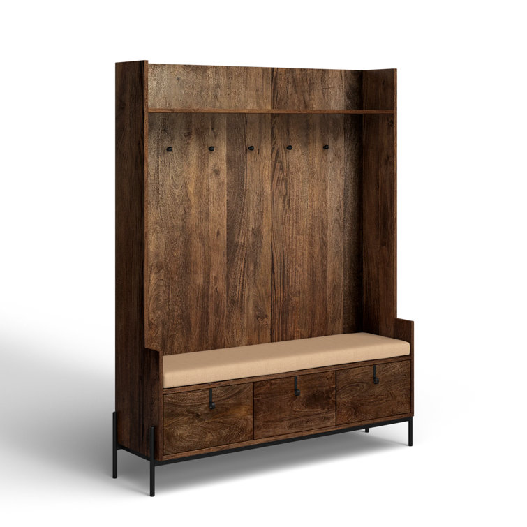 Glenn V Dark Brown Mango Wood Hall Tree with Storage and Cream Fabric Seat