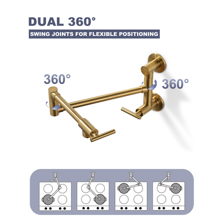 Brushed Gold Brass Wall Mounted Double Handle Pot Filler Faucet