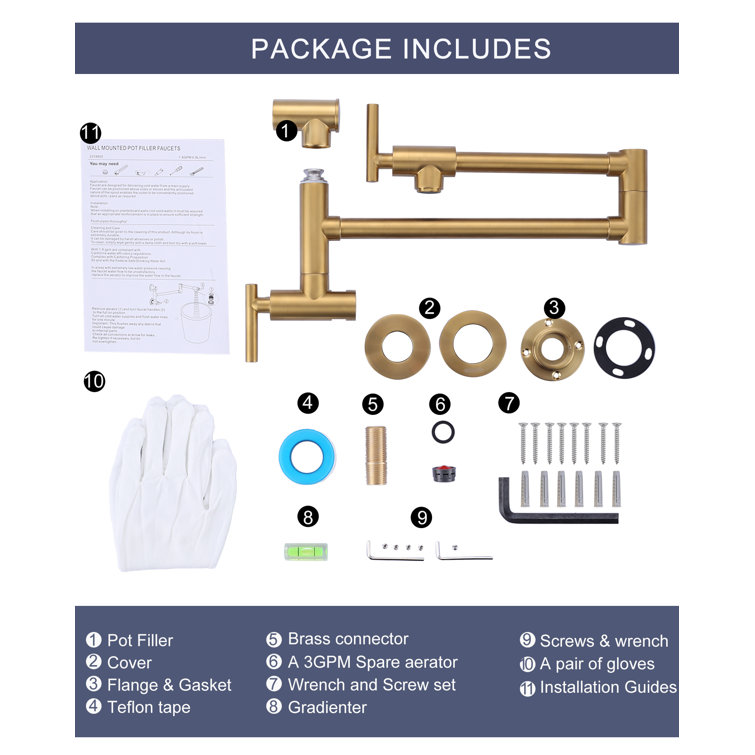 Brushed Gold Brass Wall Mounted Double Handle Pot Filler Faucet