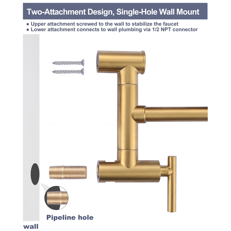 Brushed Gold Brass Wall Mounted Double Handle Pot Filler Faucet