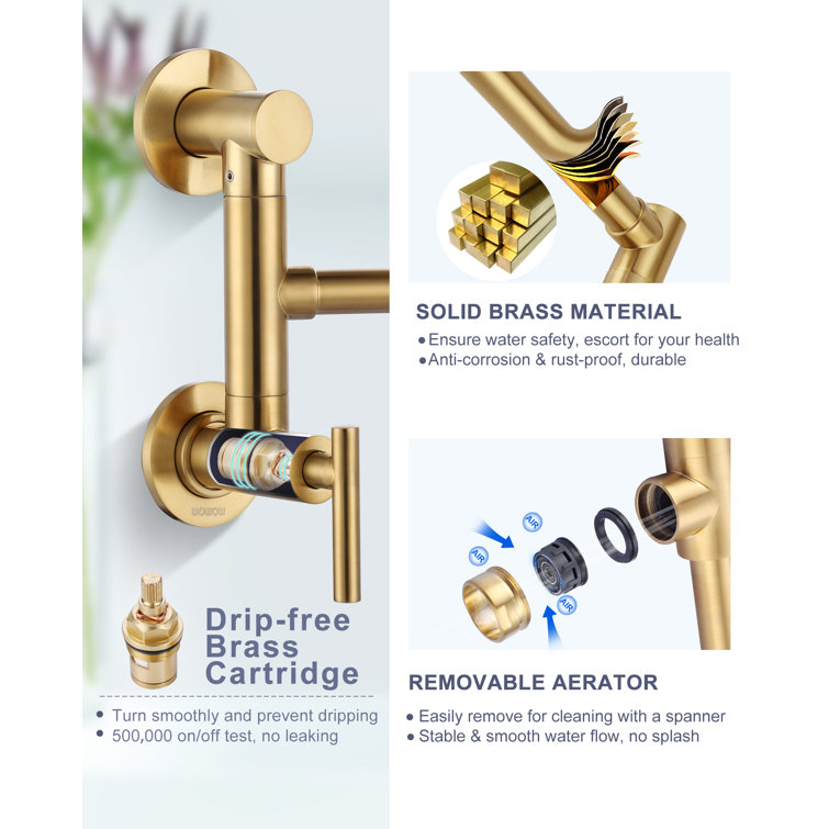 Brushed Gold Brass Wall Mounted Double Handle Pot Filler Faucet