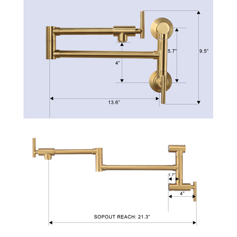 Brushed Gold Brass Wall Mounted Double Handle Pot Filler Faucet