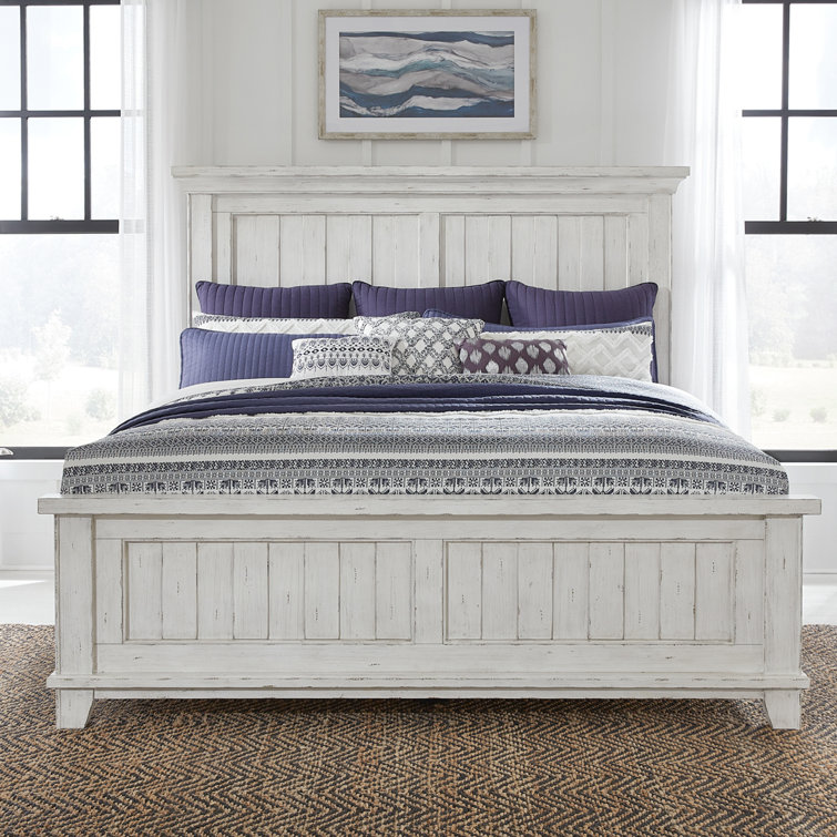 King White Wood Panel Bed with Dresser and Mirror