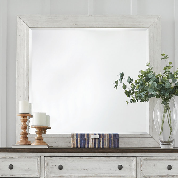 King White Wood Panel Bed with Dresser and Mirror