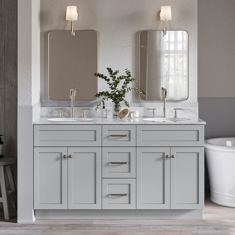 Hamlet 60" Gray Double Freestanding Vanity Cabinet with Nickel Hardware