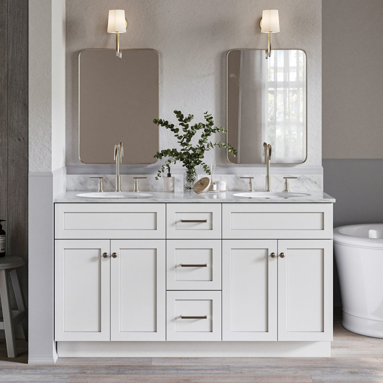 White Double Freestanding Bathroom Vanity Base with Nickel Hardware