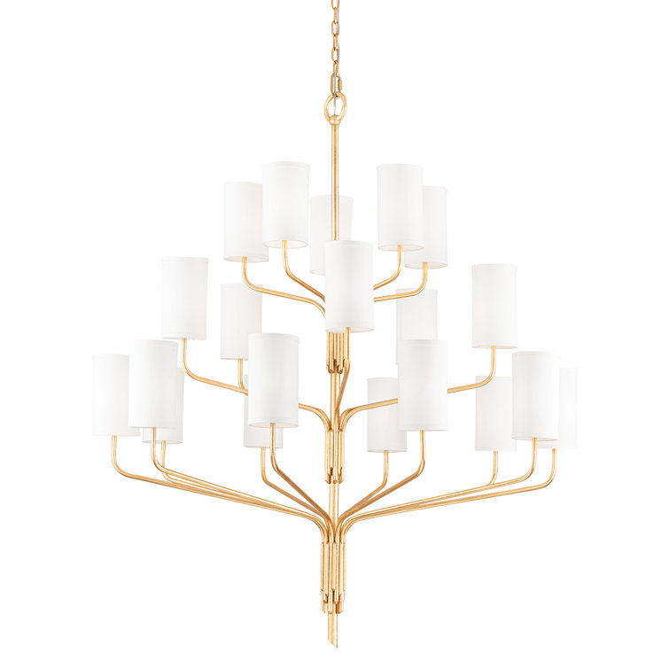 Gold Leaf 20-Light Chandelier with Off-White Linen Shades