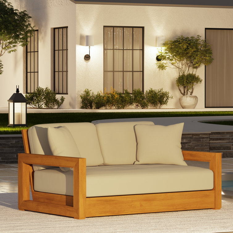 Teak and Beige Upholstered Outdoor Loveseat with Cushions