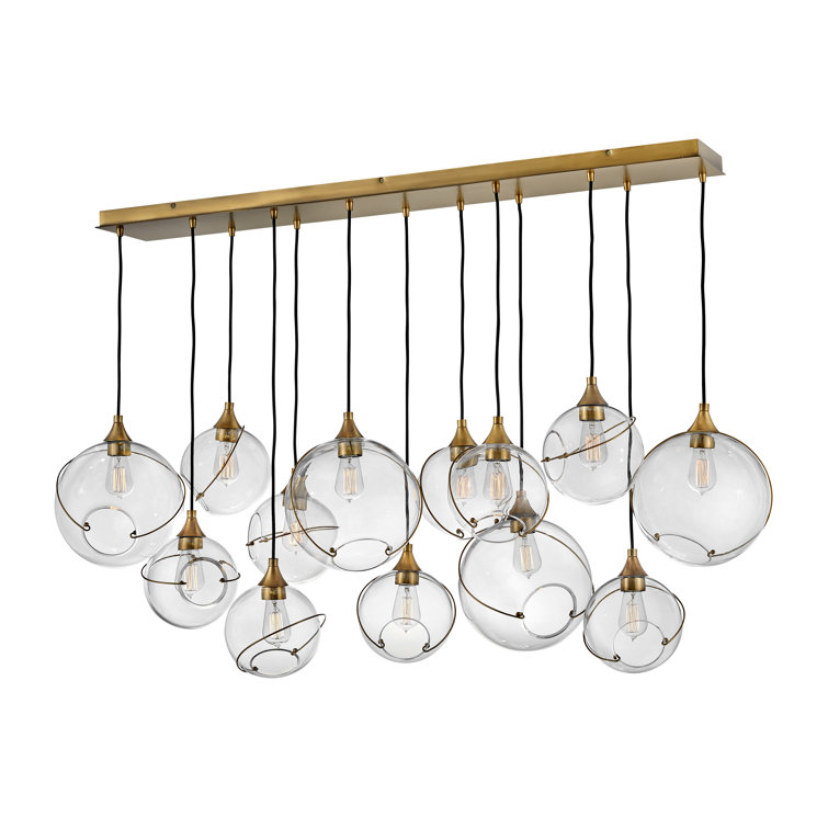Heritage Brass 13-Light Asymmetrical Linear Pendant with Clear Glass Globes