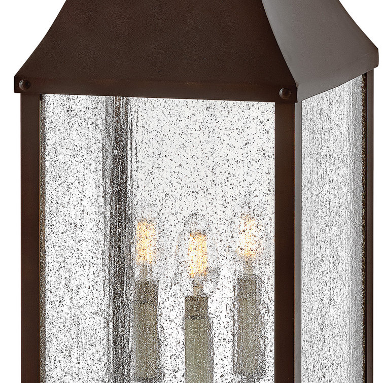 Blackened Copper LED Outdoor Pier Mount Lantern with Seeded Glass