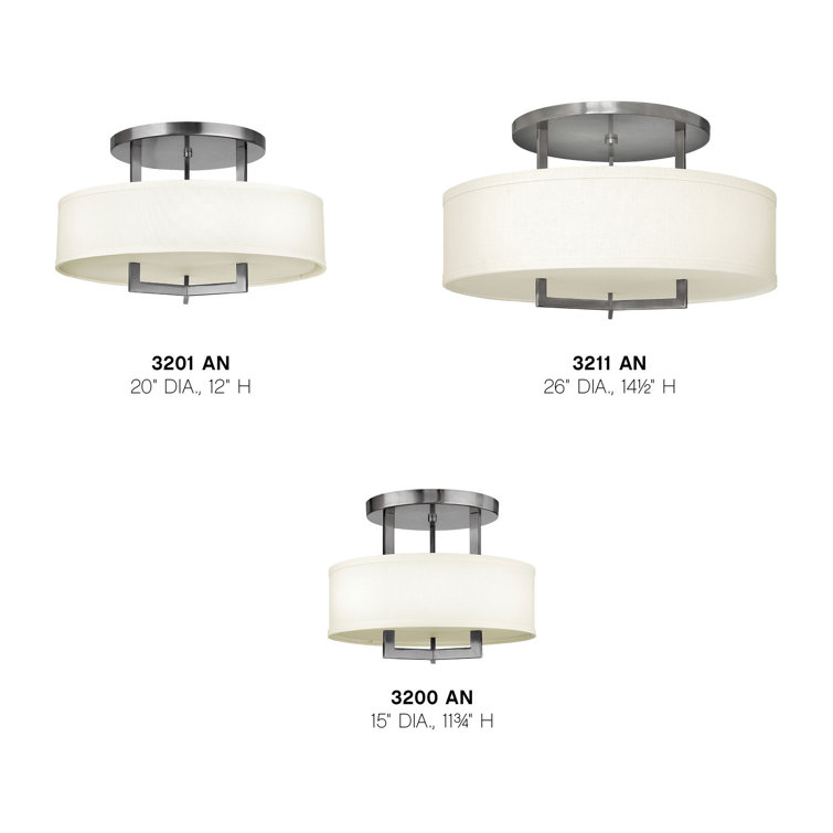 Hampton 20" Antique Nickel 3-Light Transitional Semi-Flush Mount with Off-White Linen Shade