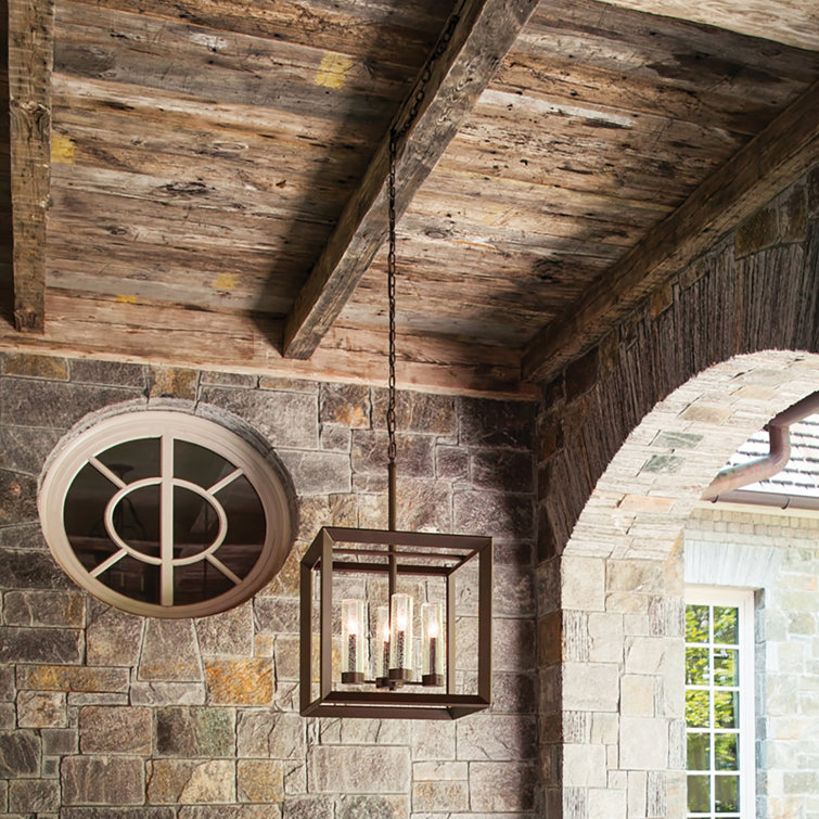 Rhodes Warm Bronze 4-Light LED Outdoor Chandelier with Clear Seedy Glass