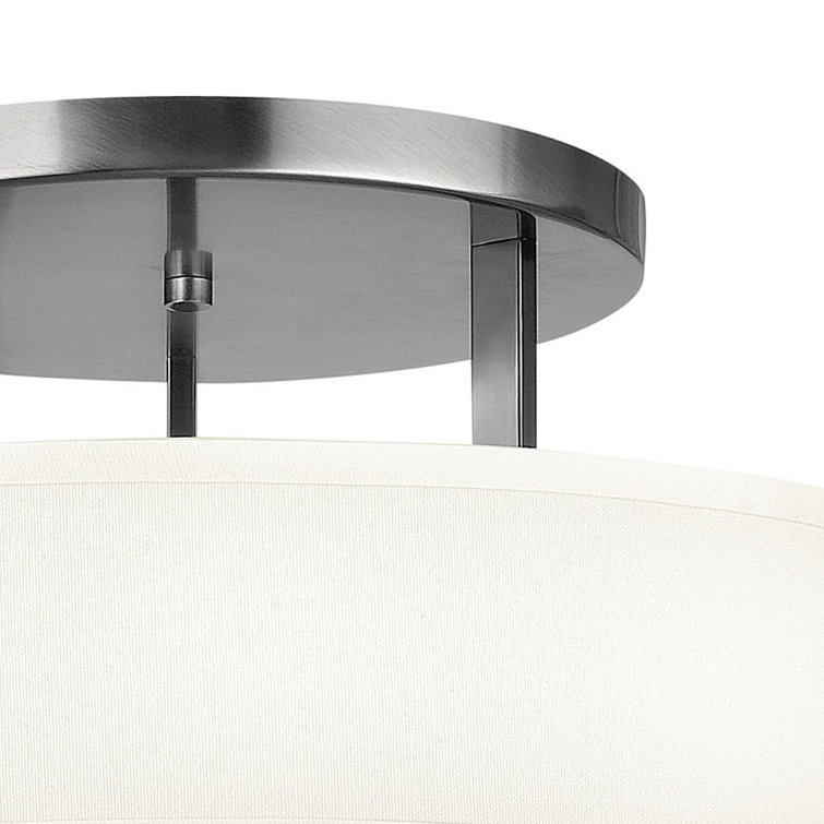 Hampton 20" Antique Nickel 3-Light Transitional Semi-Flush Mount with Off-White Linen Shade