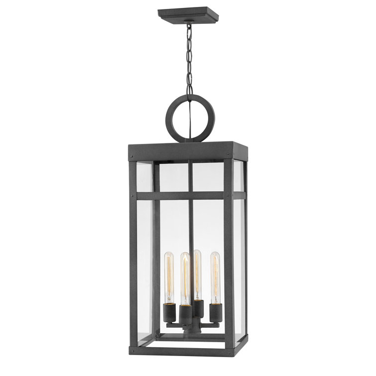 Aged Zinc 4-Light Outdoor Hanging Lantern with Clear Glass