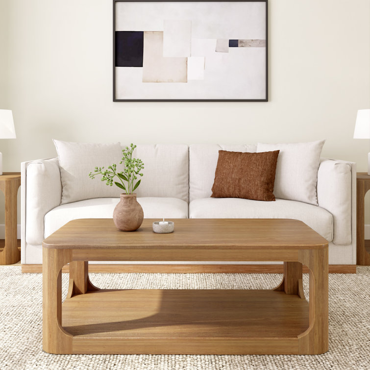 Pecan 48" Modern Rectangular Solid Wood Coffee Table with Shelf