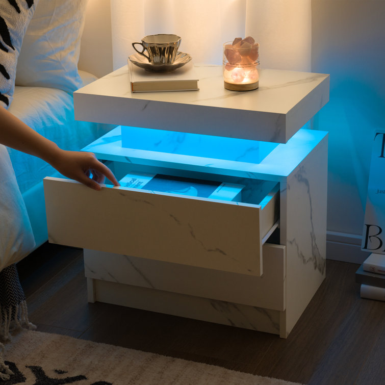 White Marble LED Nightstand Set with 2 Drawers