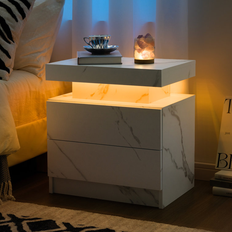 White Marble LED Nightstand Set with 2 Drawers