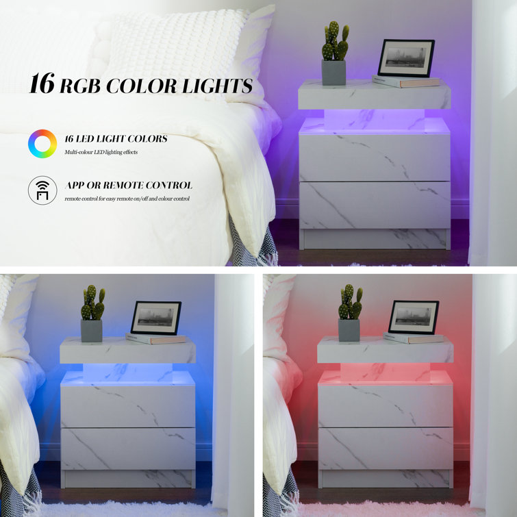 White Marble LED Nightstand Set with 2 Drawers