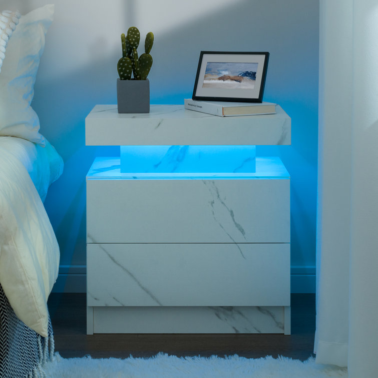 White Marble LED Nightstand Set with 2 Drawers
