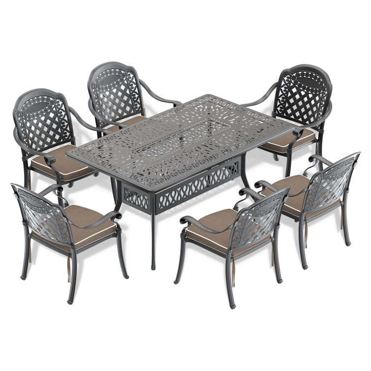 Black Cast Aluminum Outdoor Dining Set with Random Color Cushions