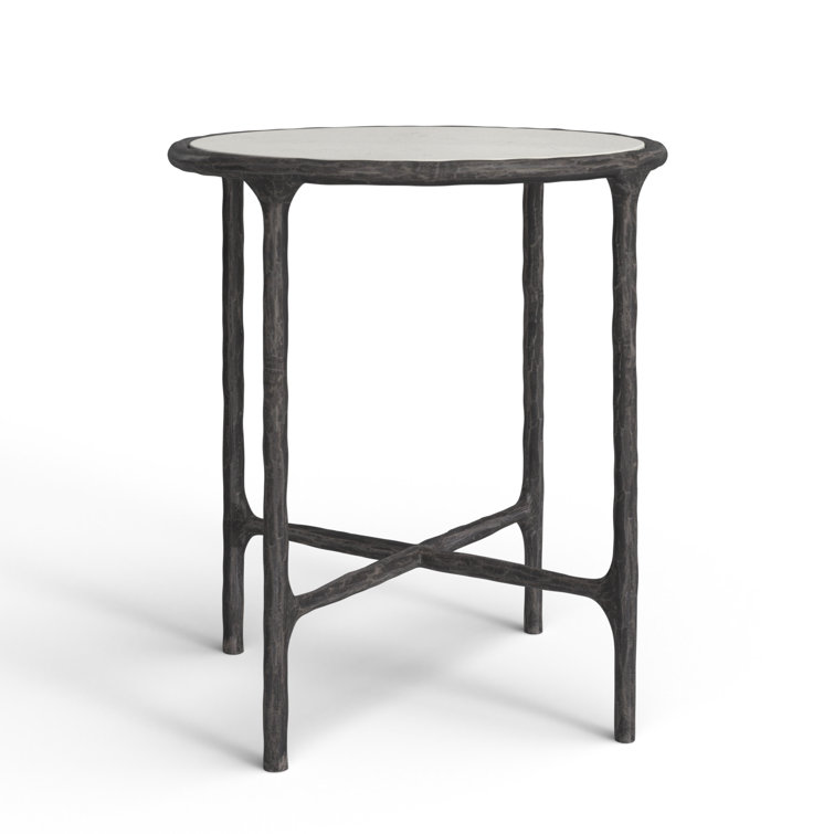White Marble Round End Table with Black Metal Base