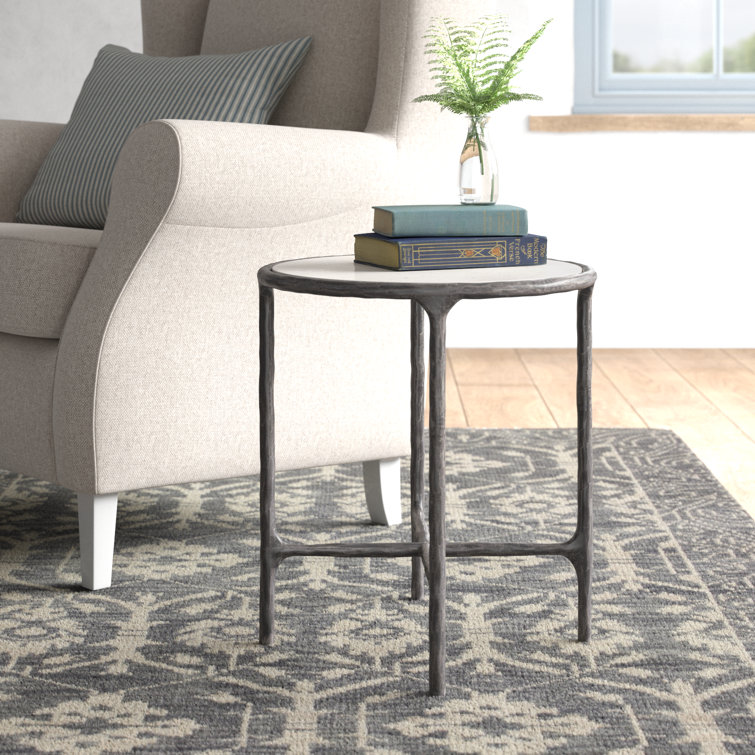 White Marble Round End Table with Black Metal Base