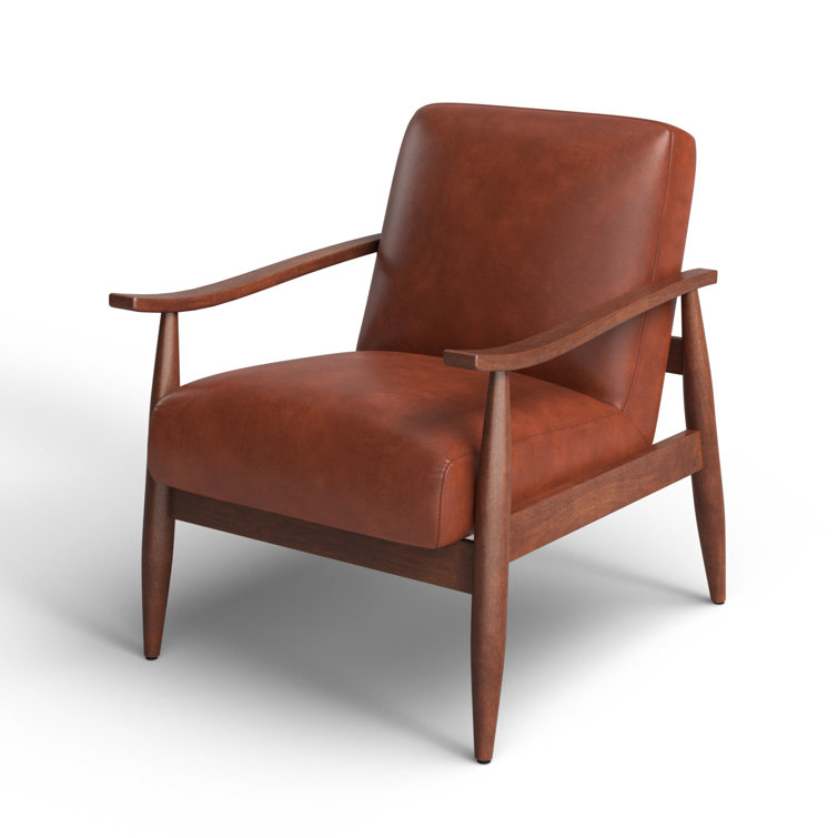Mid-Century Modern Caramel Leather Gel Accent Chair with Wooden Arms