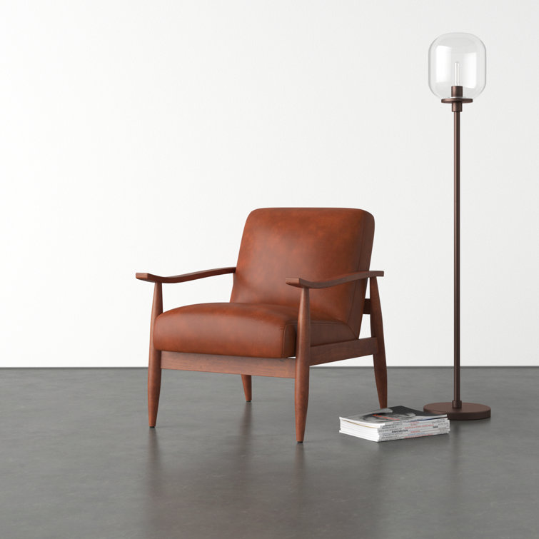 Mid-Century Modern Caramel Leather Gel Accent Chair with Wooden Arms