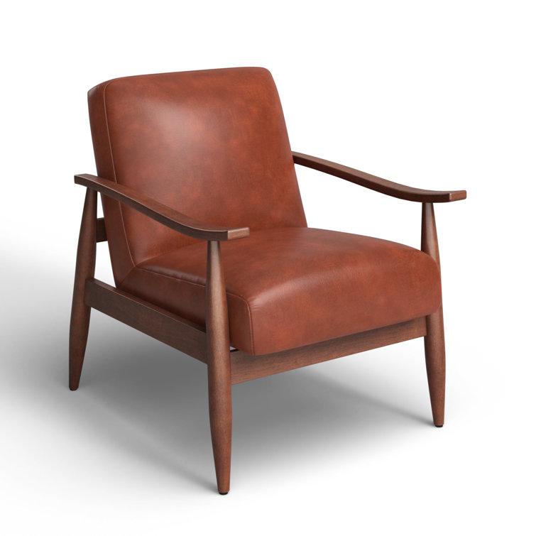 Mid-Century Modern Caramel Leather Gel Accent Chair with Wooden Arms