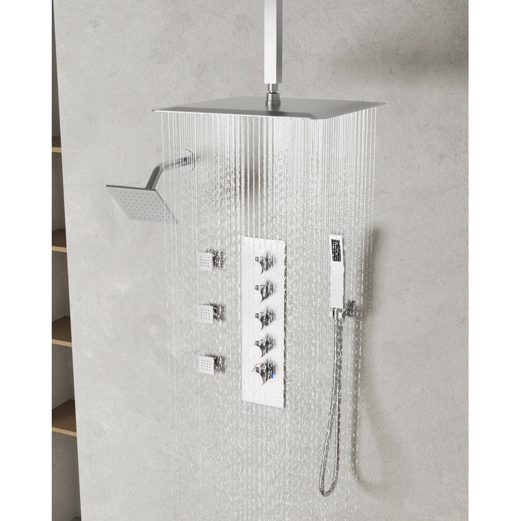 16" Brushed Nickel Dual Shower Head System with Thermostatic Valve