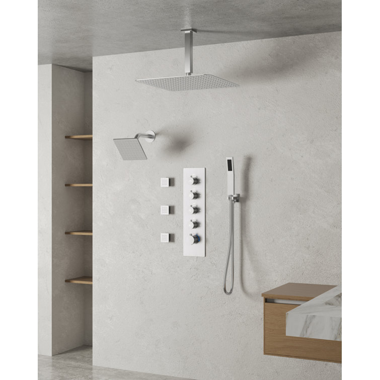 16" Brushed Nickel Dual Shower Head System with Thermostatic Valve