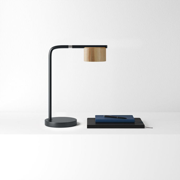 Adjustable Black Steel Desk Lamp with Natural Wood Shade