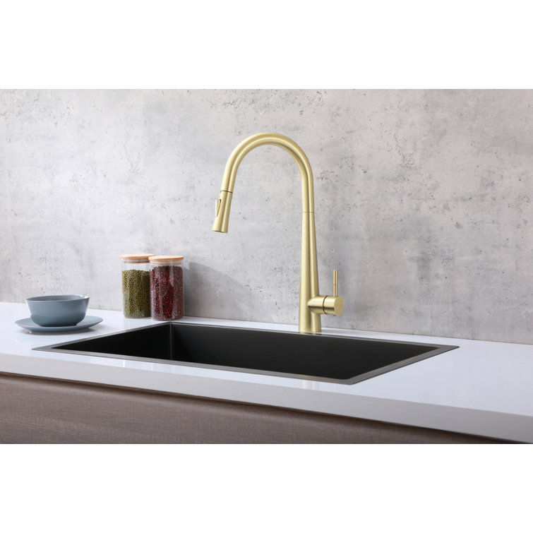 Brushed Gold Stainless Steel Gooseneck Pull-Down Kitchen Faucet