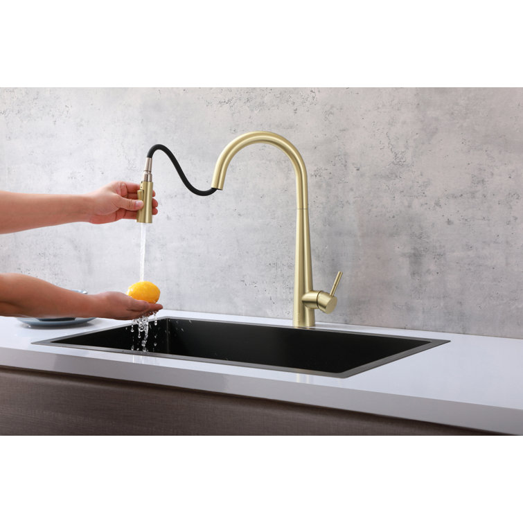 Brushed Gold Stainless Steel Gooseneck Pull-Down Kitchen Faucet