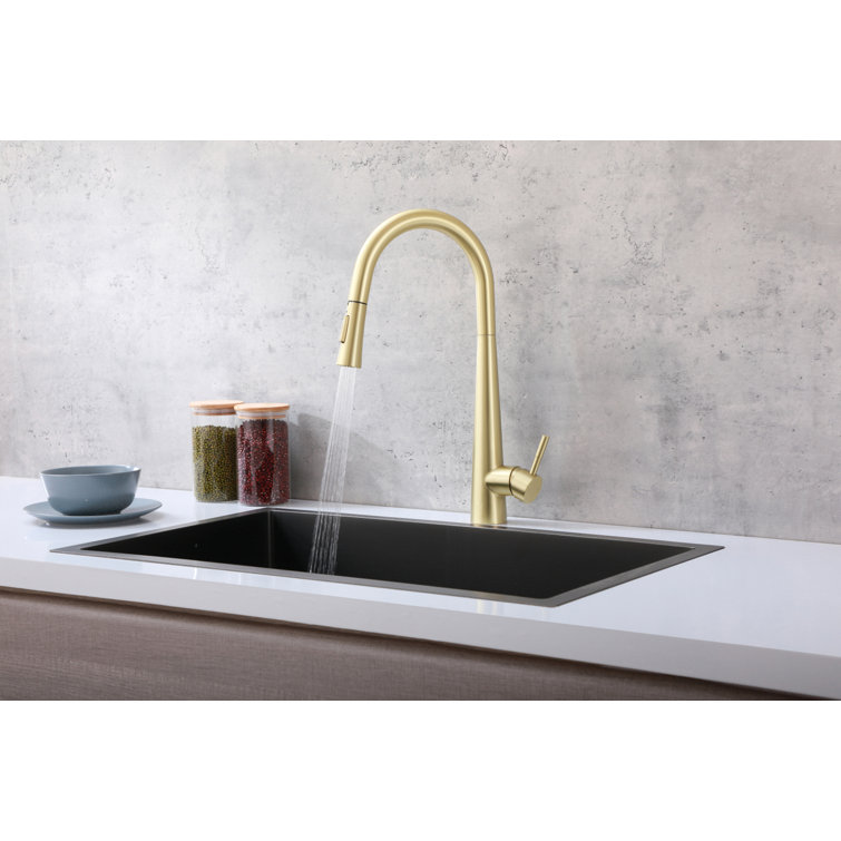 Brushed Gold Stainless Steel Gooseneck Pull-Down Kitchen Faucet