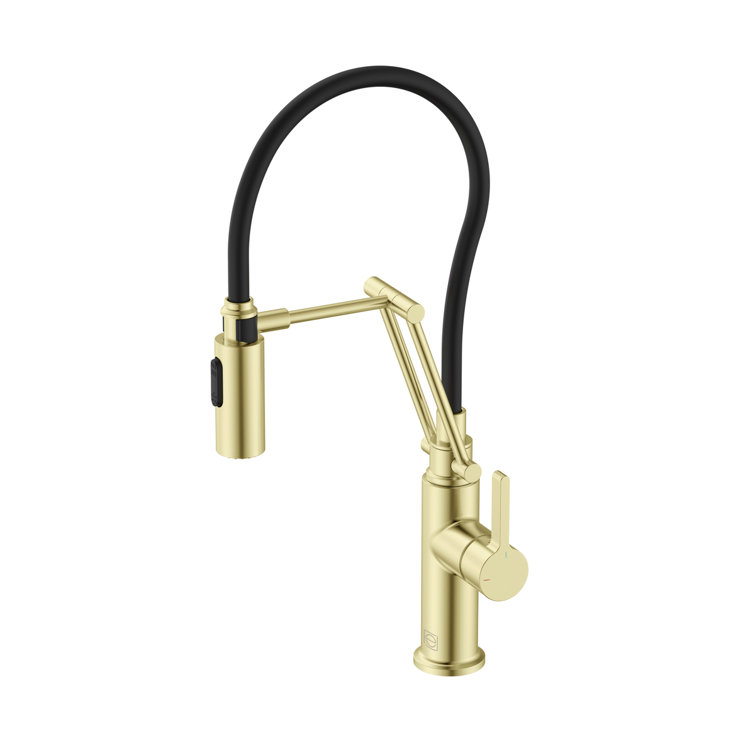 Brushed Gold Brass Low Arc Kitchen Faucet with Pull-out Spray