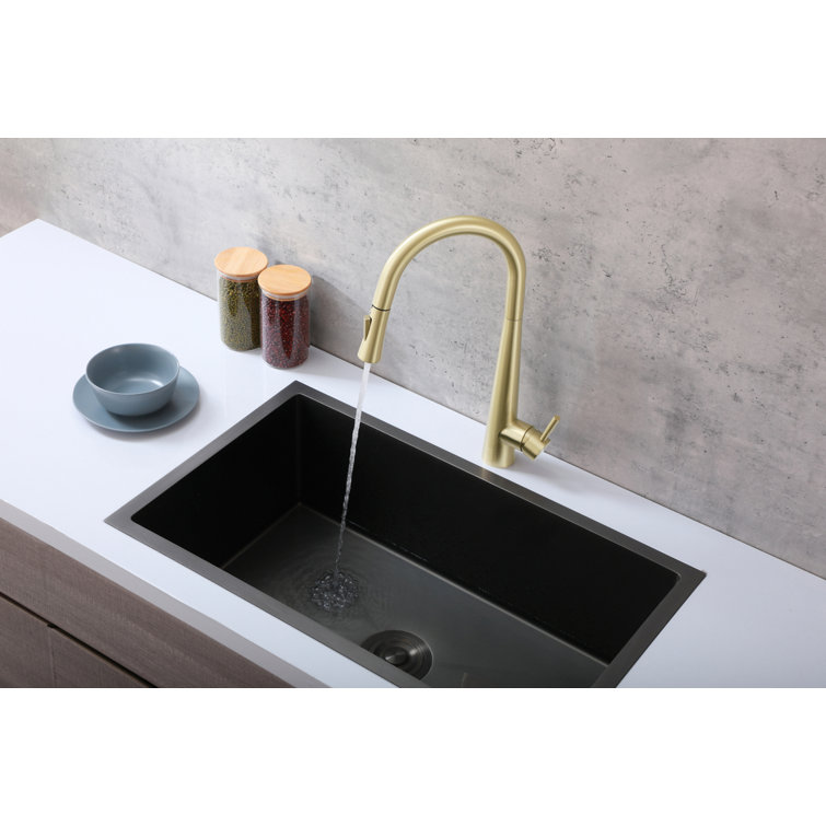 Brushed Gold Stainless Steel Gooseneck Pull-Down Kitchen Faucet