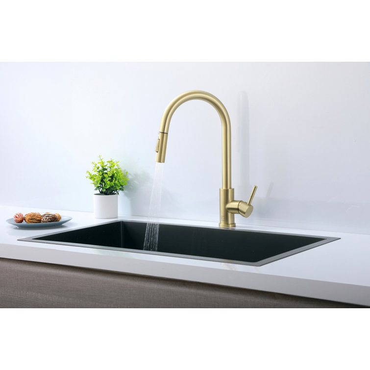Brushed Gold Stainless Steel Gooseneck Kitchen Faucet with Pull-out Spray