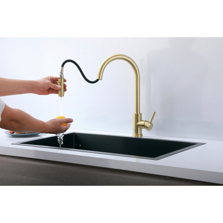 Brushed Gold Stainless Steel Gooseneck Kitchen Faucet with Pull-out Spray