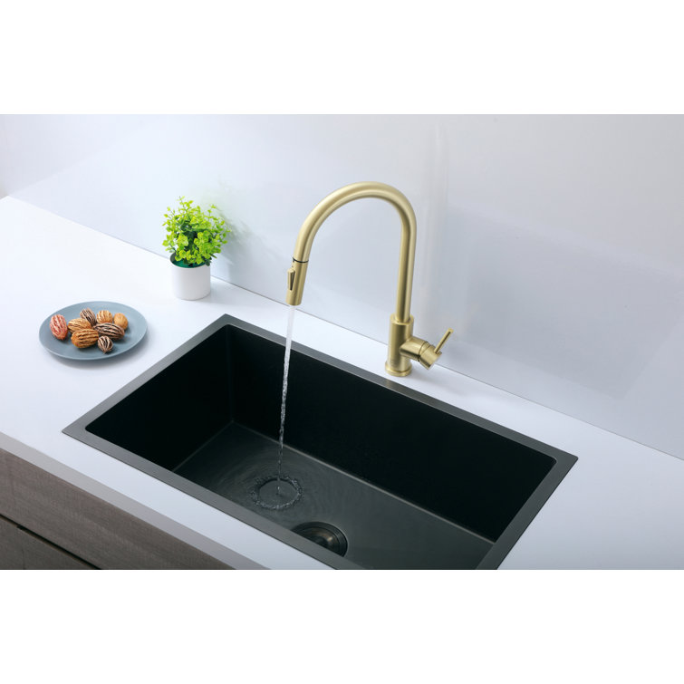 Brushed Gold Stainless Steel Gooseneck Kitchen Faucet with Pull-out Spray
