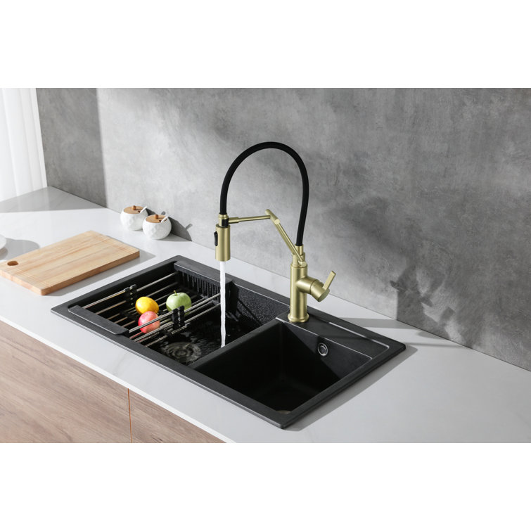 Brushed Gold Brass Low Arc Kitchen Faucet with Pull-out Spray