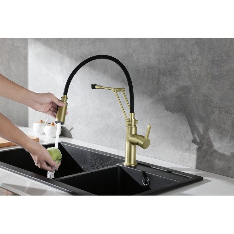 Brushed Gold Brass Low Arc Kitchen Faucet with Pull-out Spray