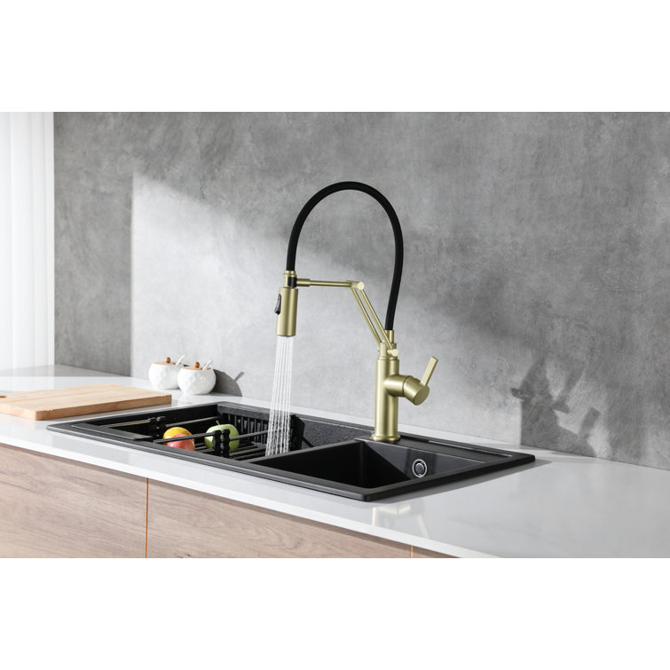 Brushed Gold Brass Low Arc Kitchen Faucet with Pull-out Spray