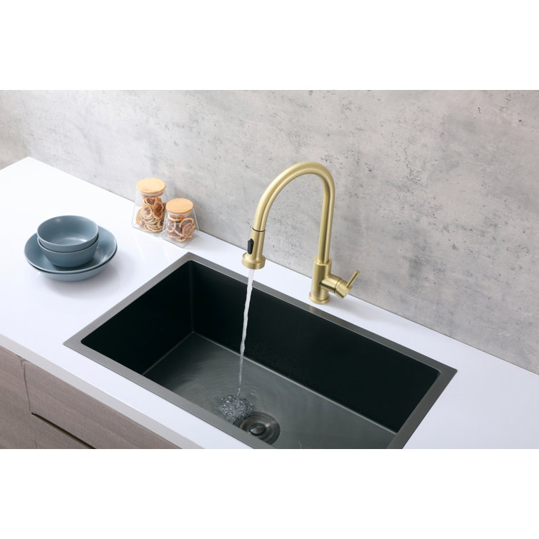 Brushed Gold Stainless Steel Gooseneck Kitchen Faucet with Pull-out Spray